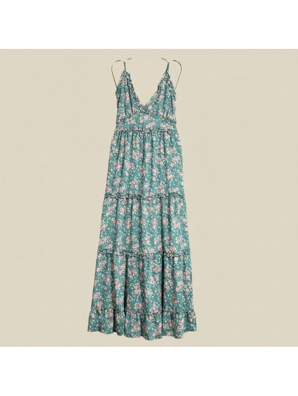BaeVely Womens Floral Ruffle Tiered Maxi Dress Large Sage Green Deep V-Neck Boho